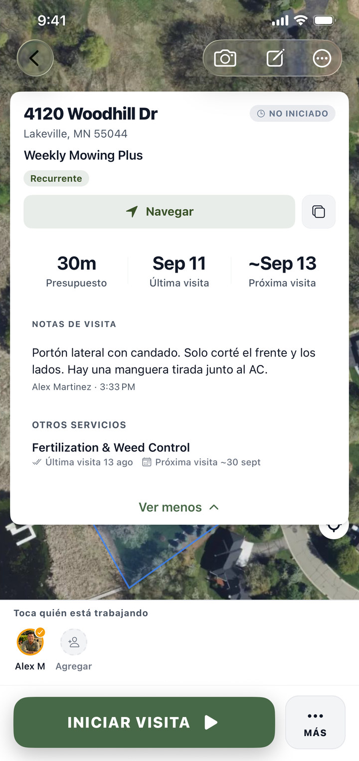 A visit note written in Spanish on the crew app