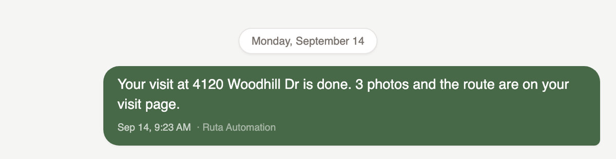 The text a customer gets when a visit is finished, telling her the photos and the route are on her customer profile