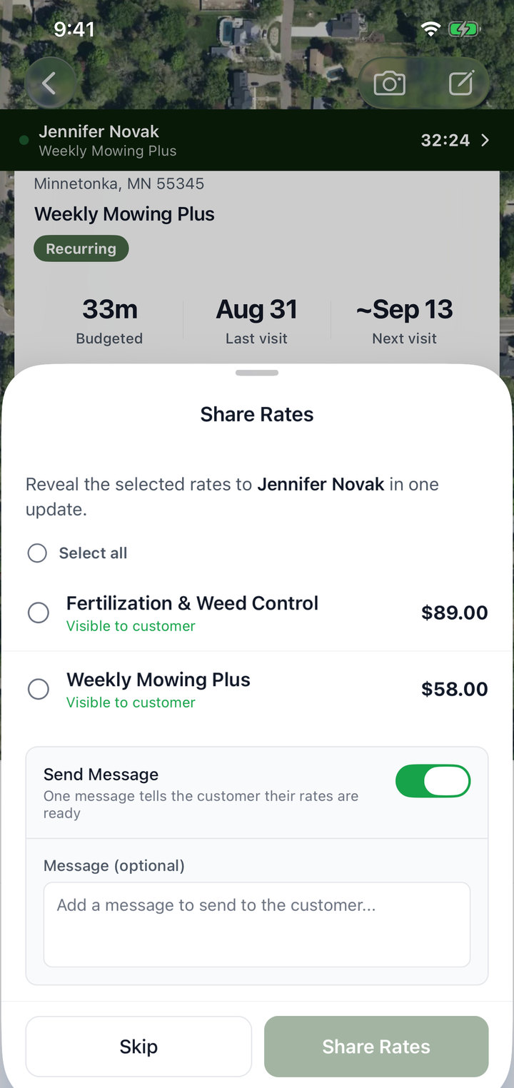 The crew app: picking the services to share and the rate that goes to the customer