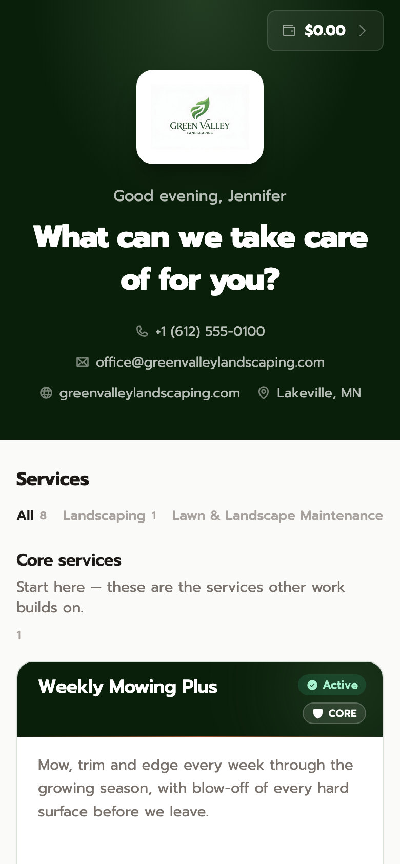 Jennifer’s customer profile with Green Valley Landscaping’s own logo and name over it, and the services underneath