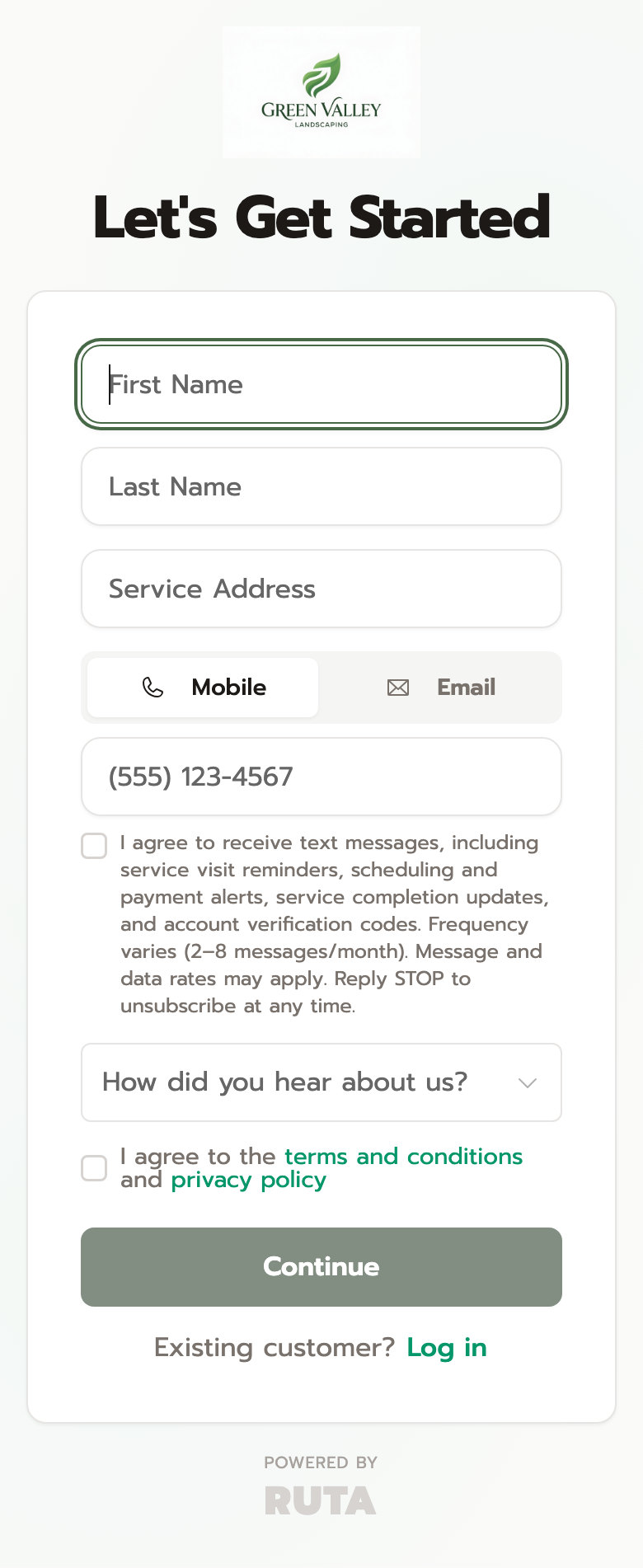 A text code signing a customer in to their customer profile